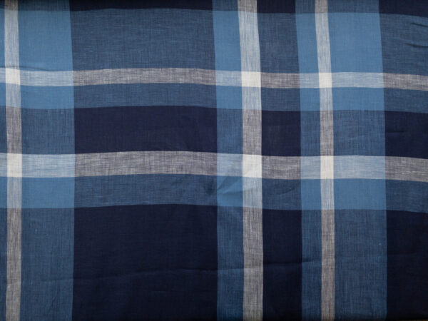 British Designer Deadstock - Yarn Dyed Linen - Large Plaid - Navy/Blue