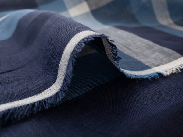 British Designer Deadstock - Yarn Dyed Linen - Large Plaid - Navy/Blue