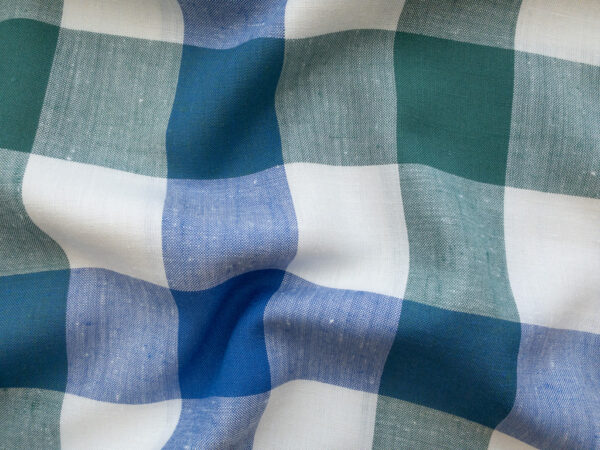 British Designer Deadstock - Yarn Dyed Linen Blend - Large Gingham - Green/Blue