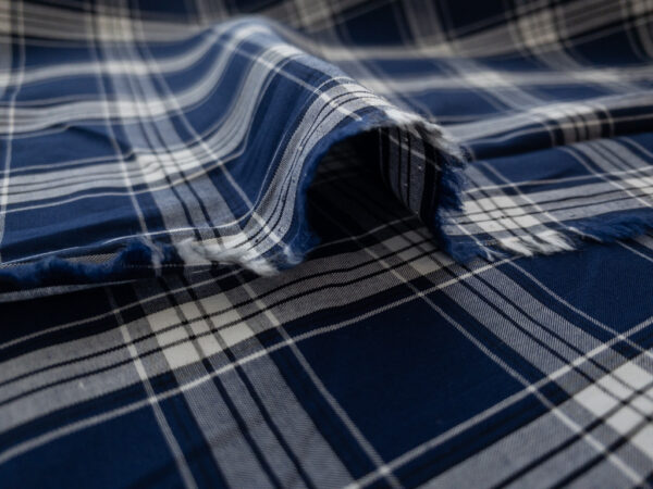 British Designer Deadstock - Yarn Dyed Cotton Shirting - Plaid - Navy/Cream