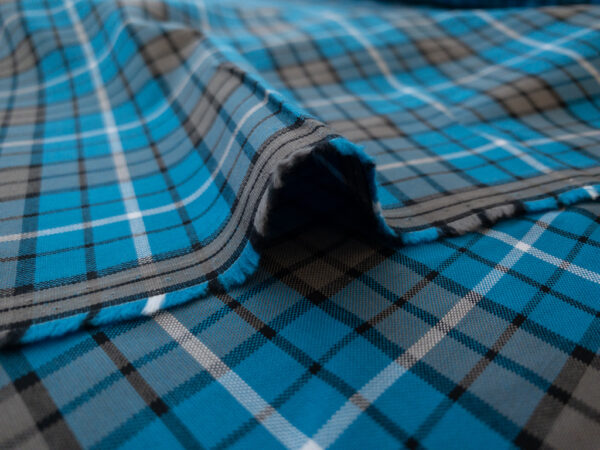 British Designer Deadstock - Yarn Dyed Cotton Shirting - Plaid - Turquoise/Grey
