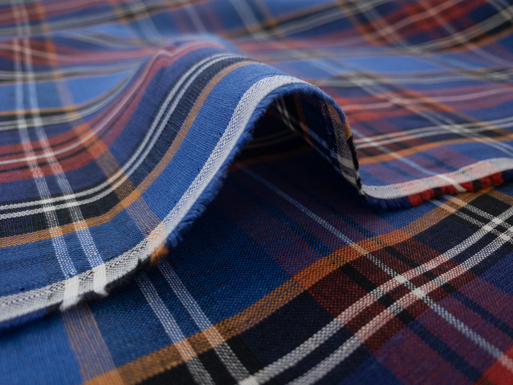 British Designer Deadstock - Yarn Dyed Linen - Tartan Plaid - Blue/Red -  Stonemountain & Daughter Fabrics