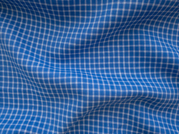 British Designer Deadstock - Yarn Dyed Linen - Mini Check - Sky Blue/White