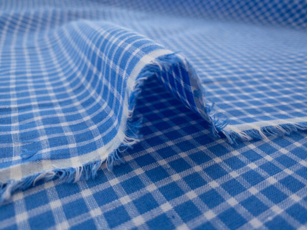 British Designer Deadstock - Yarn Dyed Linen - Mini Check - Sky Blue/White