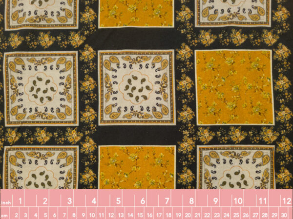 European Designer Deadstock - Cotton Sheeting - Floral and Paisley Tiles - Black/Gold