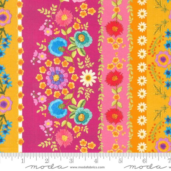 Quilting Cotton – Vintage Soul - Embroidered Bands - Hot Pink