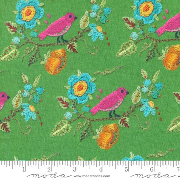 Quilting Cotton – Vintage Soul - Embroidered Birds - Grass