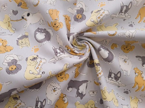 Japanese Cotton Oxford - Dogs at Play - Grey