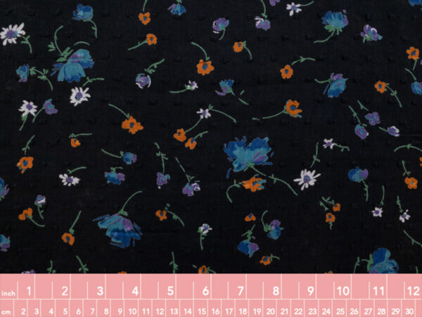 British Designer Deadstock - Cotton Clip Dot Lawn - Retro Floral - Black/Purple/Orange