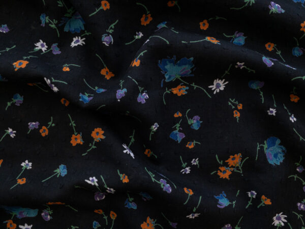 British Designer Deadstock - Cotton Clip Dot Lawn - Retro Floral - Black/Purple/Orange