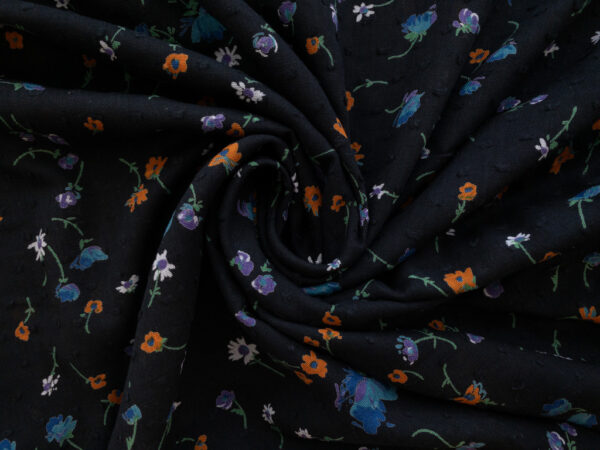 British Designer Deadstock - Cotton Clip Dot Lawn - Retro Floral - Black/Purple/Orange