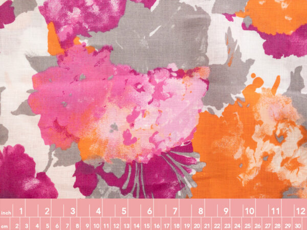 British Designer Deadstock - Printed Linen - Watercolor Bouquets - Magenta/Orange