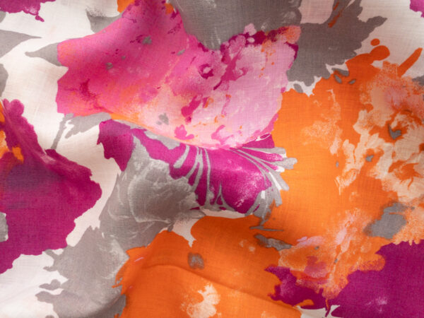 British Designer Deadstock - Printed Linen - Watercolor Bouquets - Magenta/Orange