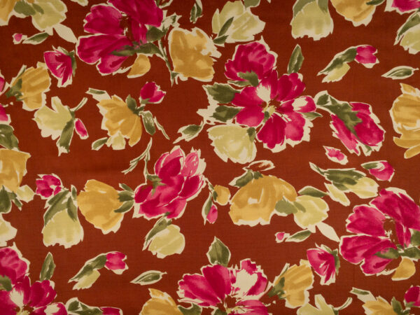 European Designer Deadstock - Viscose Challis - Red/Gold Floral