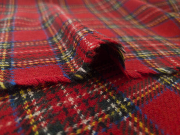 British Designer Deadstock - Wool/Polyester Coating - Stewart Plaid - Scarlet