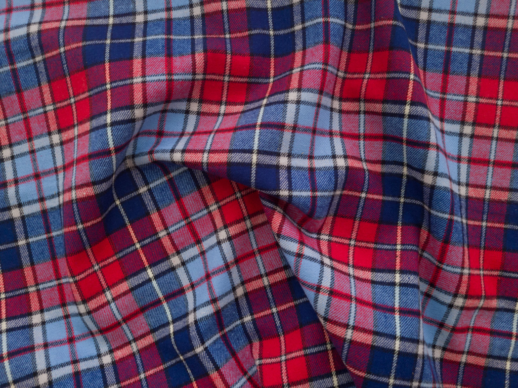 Japanese Designer Deadstock – Cotton Flannel - Plaid - Red/Sky