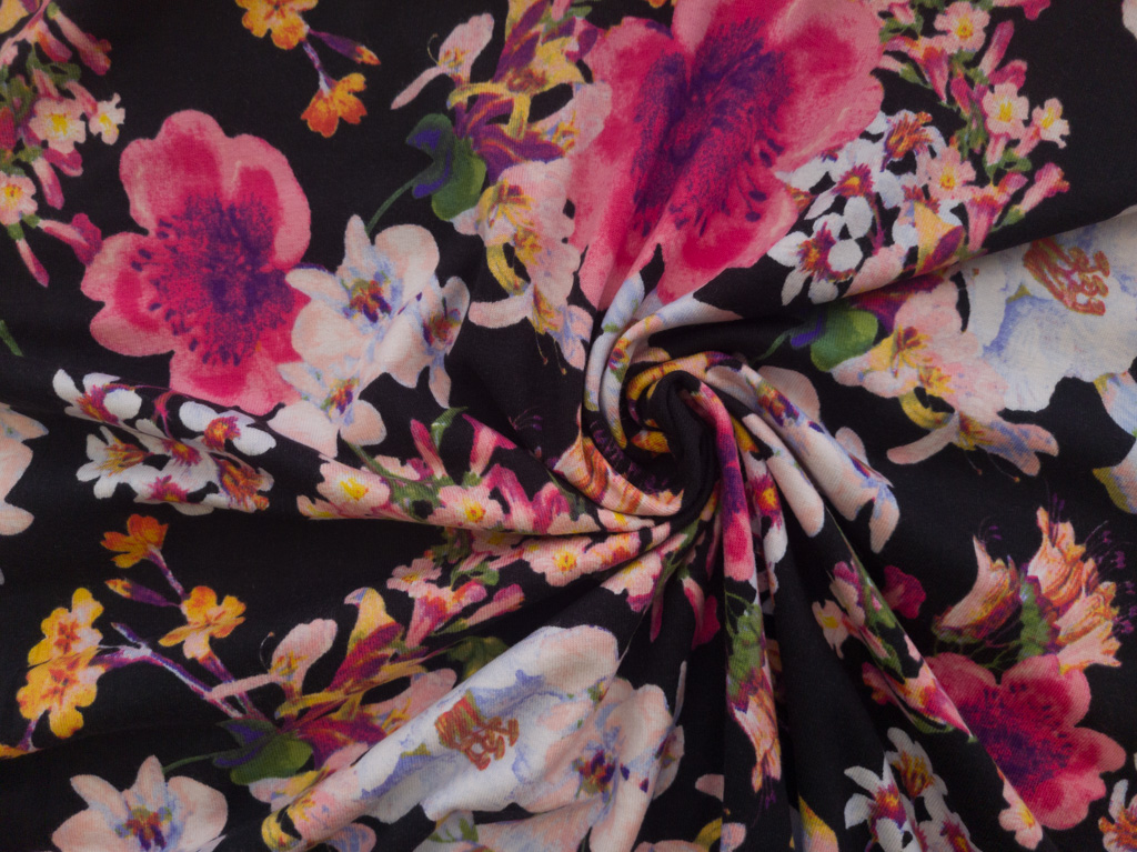 Designer Deadstock - Cotton/Spandex Jersey Knit - Floral - Black ...