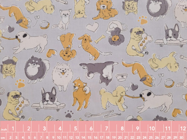 Japanese Cotton Oxford - Dogs at Play - Grey