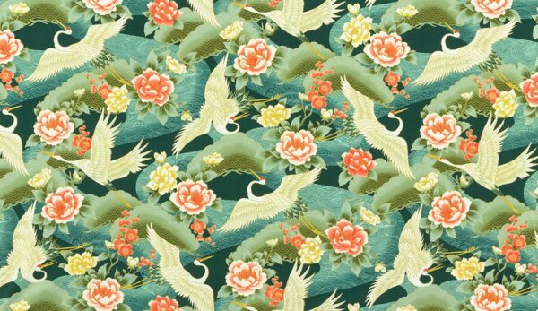 Quilting Cotton - Imperial Collection: Honoka - Flying Cranes - Teal