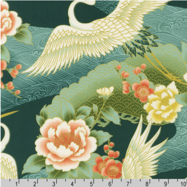 Quilting Cotton - Imperial Collection: Honoka - Flying Cranes - Teal