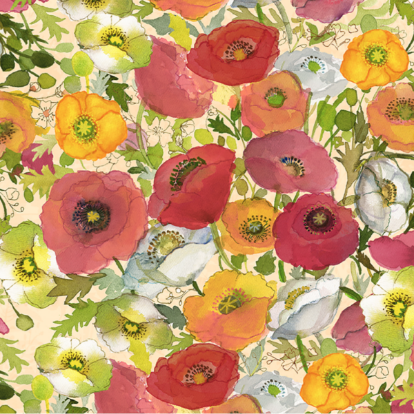 Quilting Cotton - Poppy Dreams - Large Poppies - Pale Peach