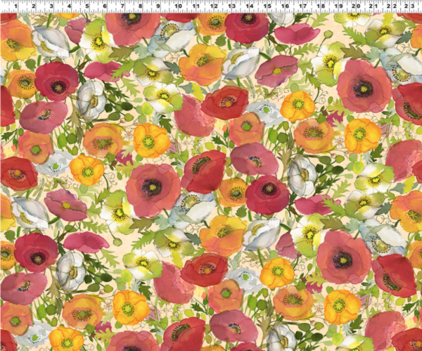 Quilting Cotton - Poppy Dreams - Large Poppies - Pale Peach