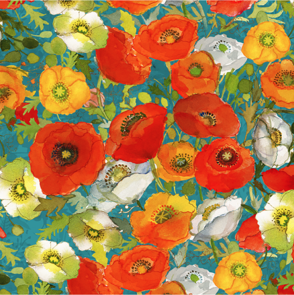 Quilting Cotton - Poppy Dreams - Large Poppies - Teal