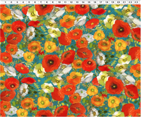 Quilting Cotton - Poppy Dreams - Large Poppies - Teal