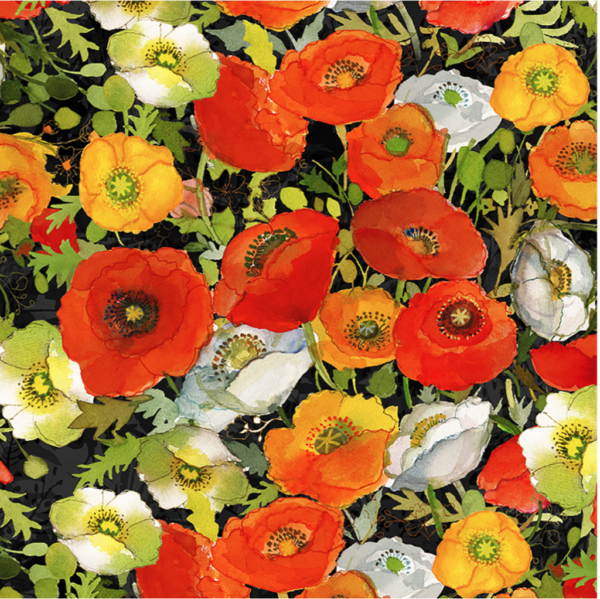 Quilting Cotton - Poppy Dreams - Large Poppies - Black