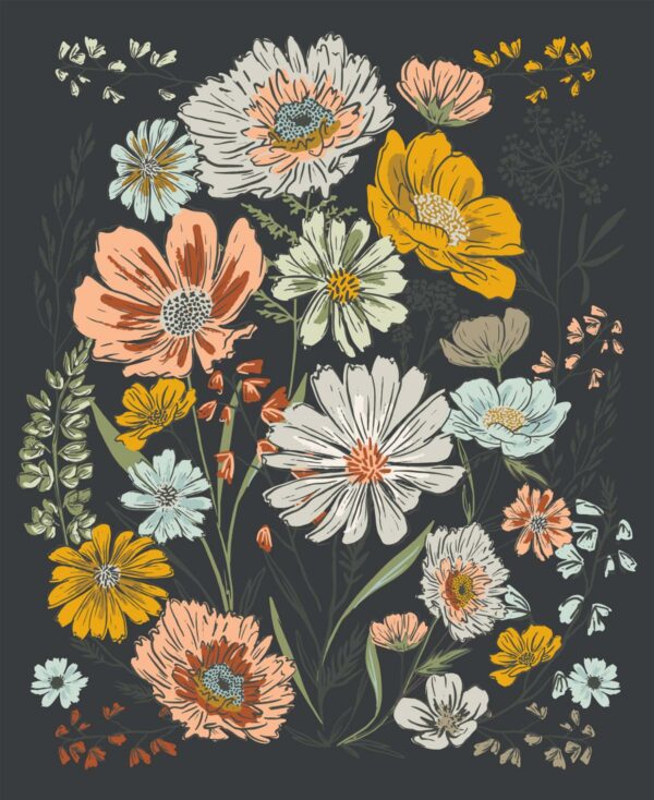 Quilting Cotton - Woodland Wildflowers Panel - Charcoal