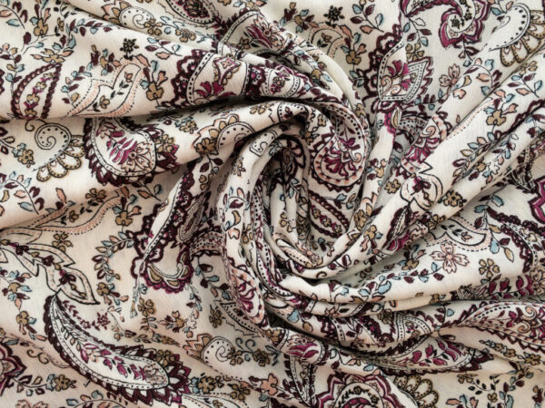 Designer Deadstock - Rayon Crepe - Paisley -White/Maroon