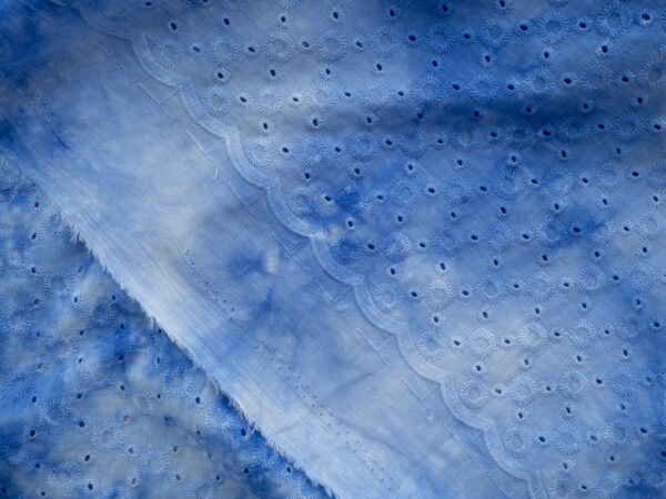 British Designer Deadstock - Tie Dye Cotton Eyelet - Diamond Dots - Blue