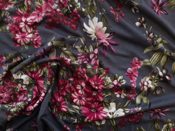 Designer Deadstock – Viscose/Spandex Jersey –  Raspberry/Grey Bouquet