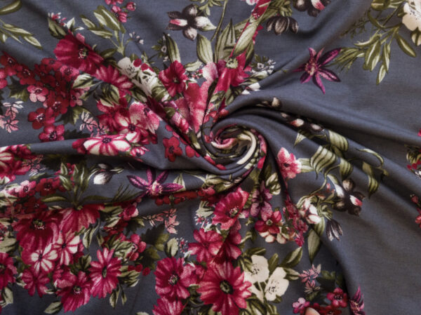 Designer Deadstock – Viscose/Spandex Jersey –  Raspberry/Grey Bouquet