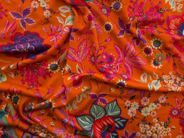 Designer Deadstock – Viscose/Spandex Jersey –  Bright Floral - Orange