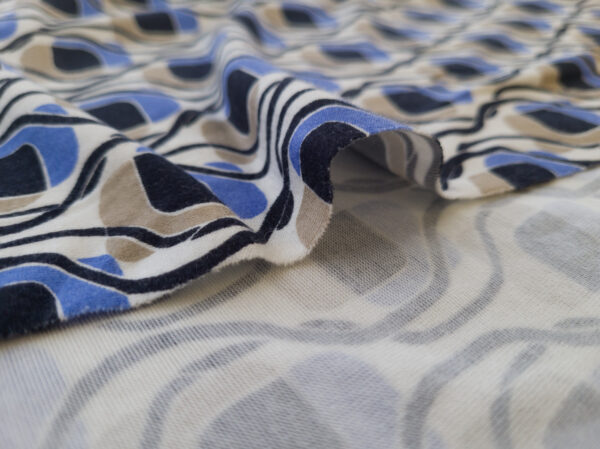 Designer Deadstock – Viscose/Spandex Jersey –  Layered Tiles - Cream/Blue