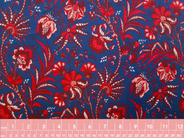 European Designer Deadstock - Cotton Sateen - Floral Filligree - Red/Slate Blue