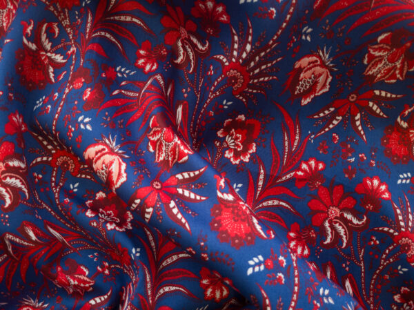 European Designer Deadstock - Cotton Sateen - Floral Filligree - Red/Slate Blue