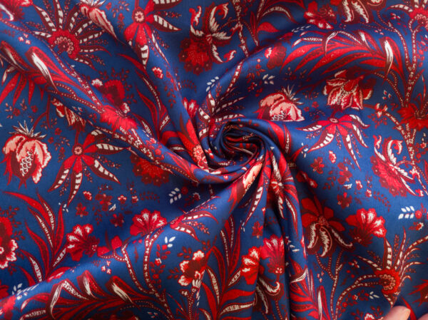 European Designer Deadstock - Cotton Sateen - Floral Filligree - Red/Slate Blue