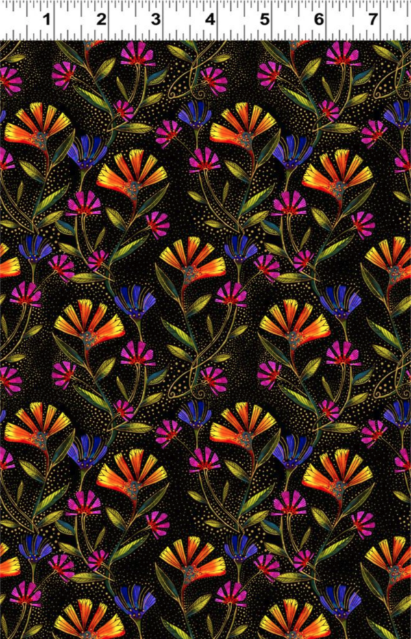 Quilting Cotton - Earth Song - Viney Floral - Black Metallic