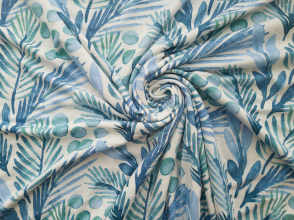 Designer Deadstock - Modal/Spandex Jersey – Ferns & Fronds - Ivory/Teal