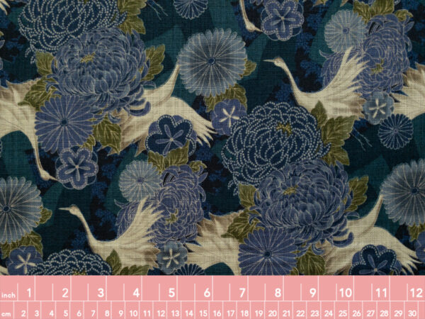 Japanese Cotton Dobby - Cranes & Blossoms - Blue
