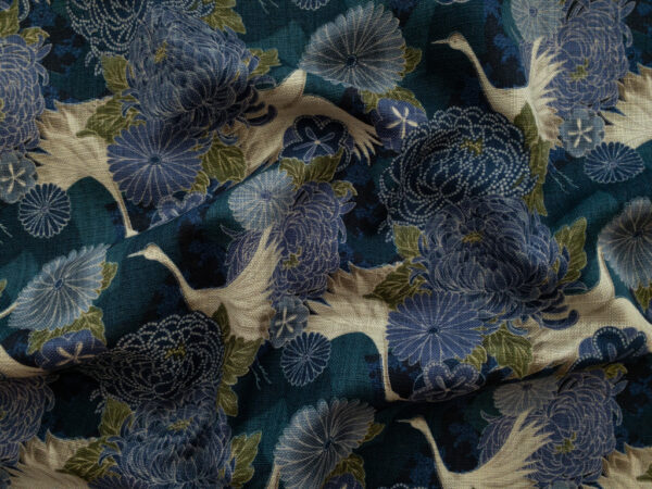 Japanese Cotton Dobby - Cranes & Blossoms - Blue