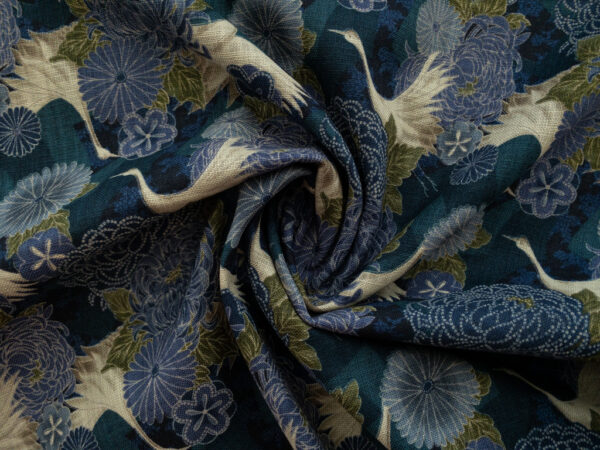 Japanese Cotton Dobby - Cranes & Blossoms - Blue