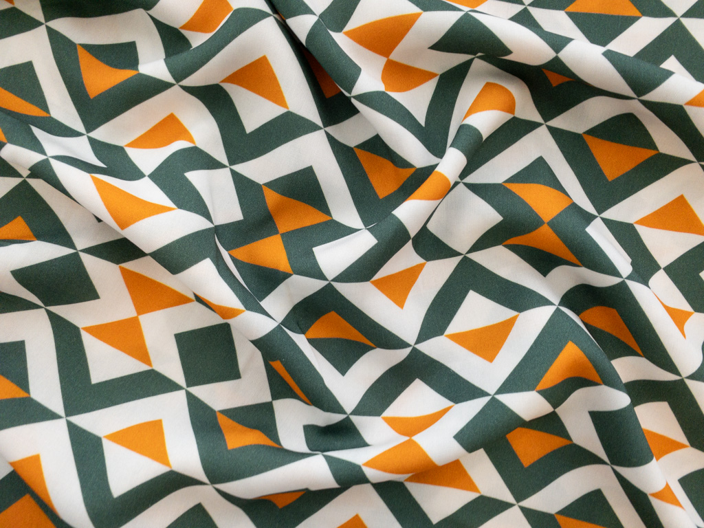 European Designer Deadstock - Rayon Challis - Chevron Blocks - Green/Gold