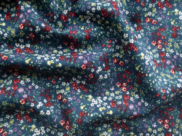 European Designer Deadstock – Viscose Brushed Twill - Happy Floral - Red/Blue