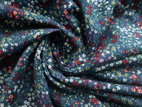 European Designer Deadstock – Viscose Brushed Twill - Happy Floral - Red/Blue