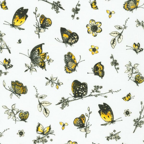 Quilting Cotton - Joyful Meadows - Butterflies & Sprigs - White