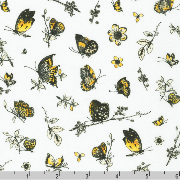 Quilting Cotton - Joyful Meadows - Butterflies & Sprigs - White