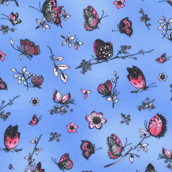 Quilting Cotton - Joyful Meadows - Butterflies & Sprigs - Periwinkle